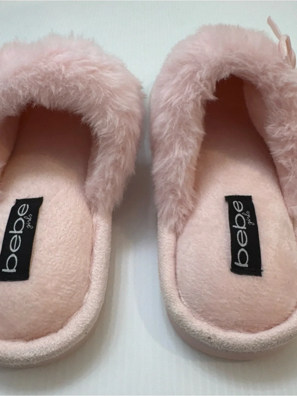 bebe Pink Faux-Fur Slip-On Slippers with Bow & Gold Charm